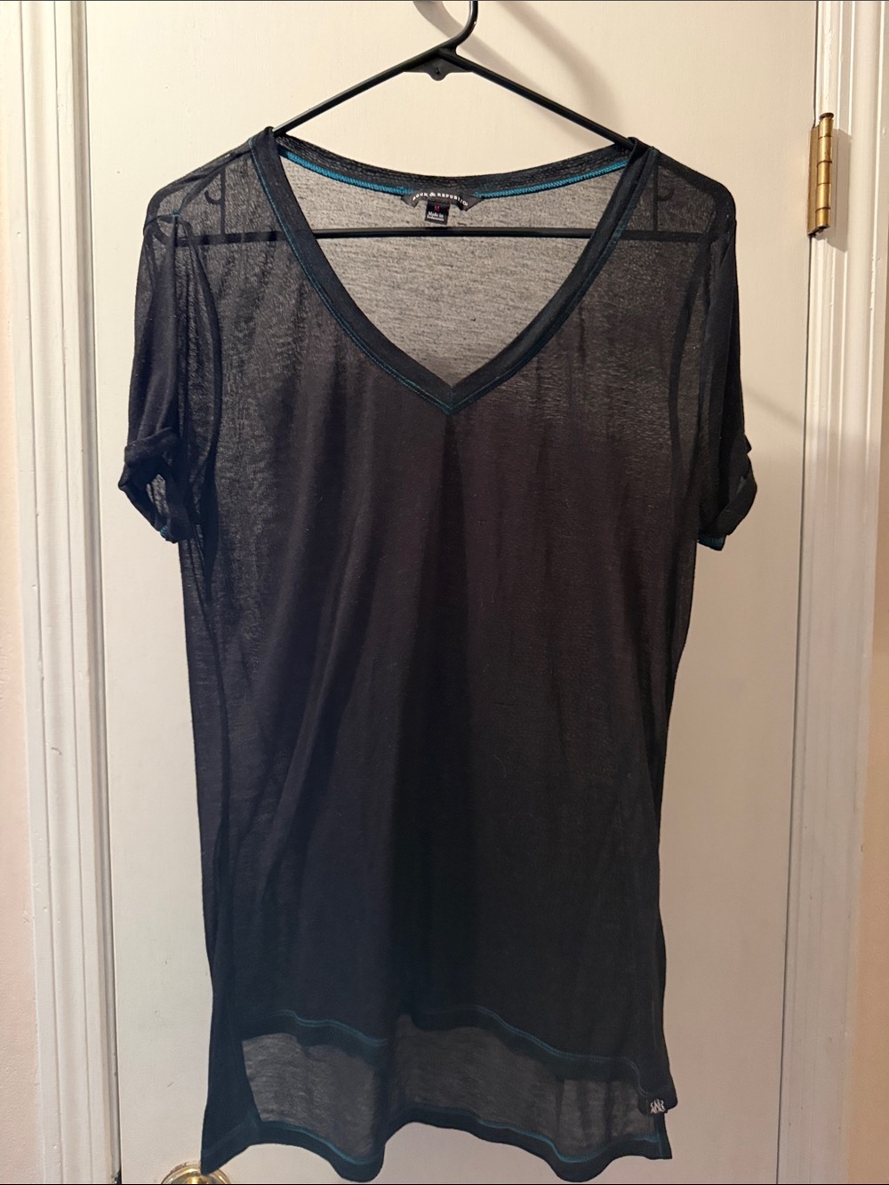 Rock & Republic Sheer Black V-Neck Tank with Teal Trim